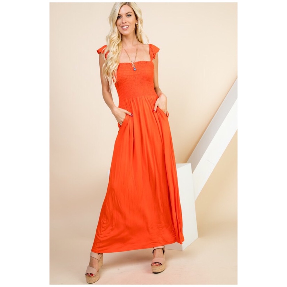 SOLD OUT CLEARANCE Orange Smocked On Off Shoulder Casual Maxi Dress - Picture 3 of 5
